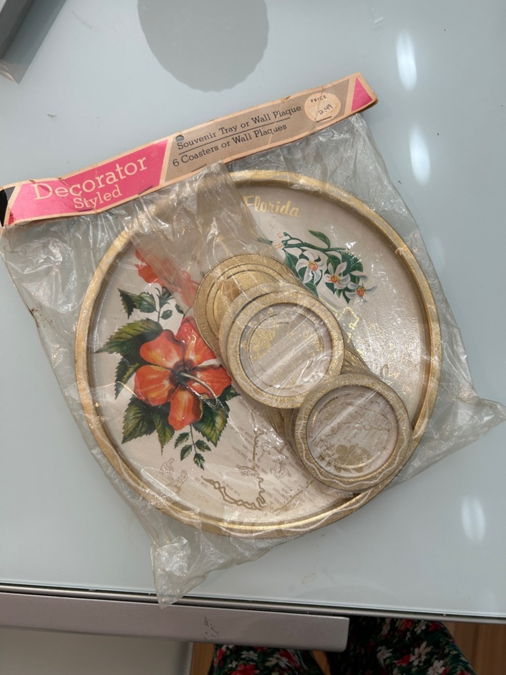 Vintage Florida Souvenir Tray and Coaster Set - Floral Design, Gold Trim